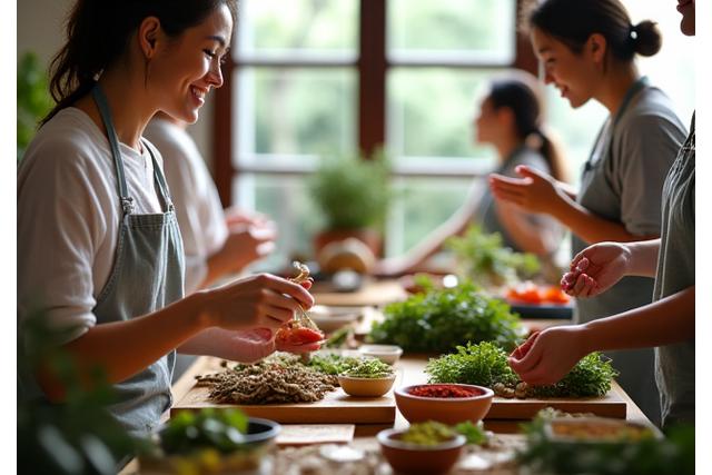 ヨガとスパイス料理教室の風景。参加者たちが笑顔でスパイスと野菜を調理している。